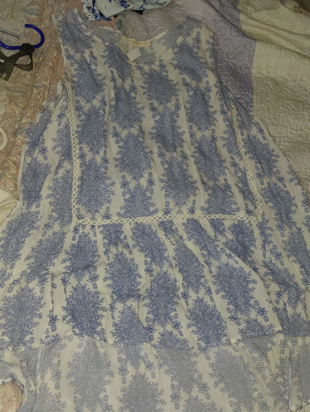 Miss Love White Top with Blue Paisley Print